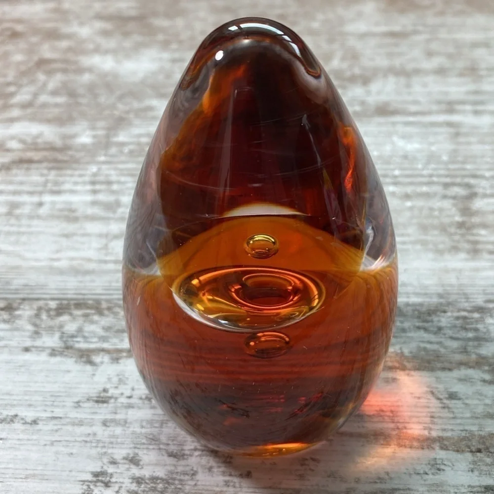 Vintage Amber Art Glass Teardrop Paperweight Murano Style Controlled Bubble